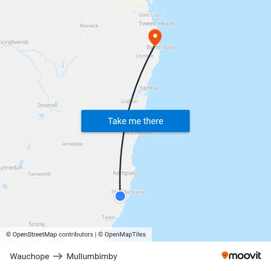 Wauchope to Mullumbimby map