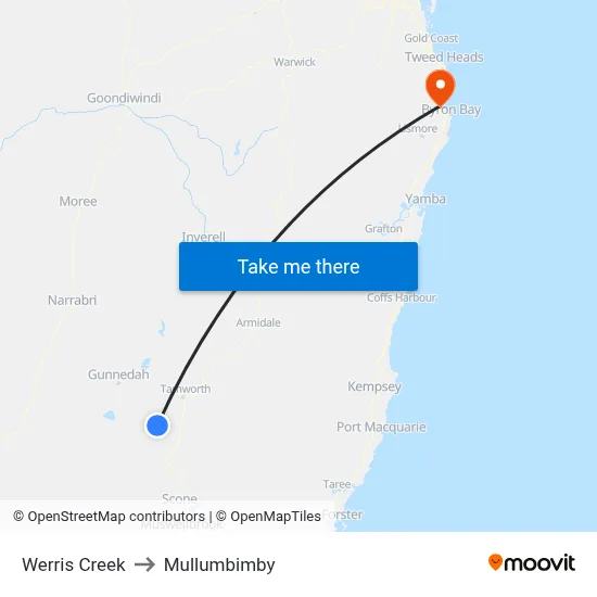 Werris Creek to Mullumbimby map