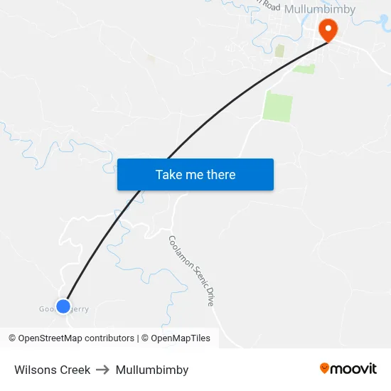 Wilsons Creek to Mullumbimby map