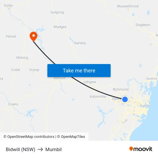 Bidwill (NSW) to Mumbil map