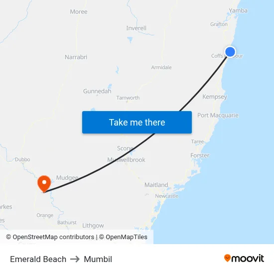 Emerald Beach to Mumbil map
