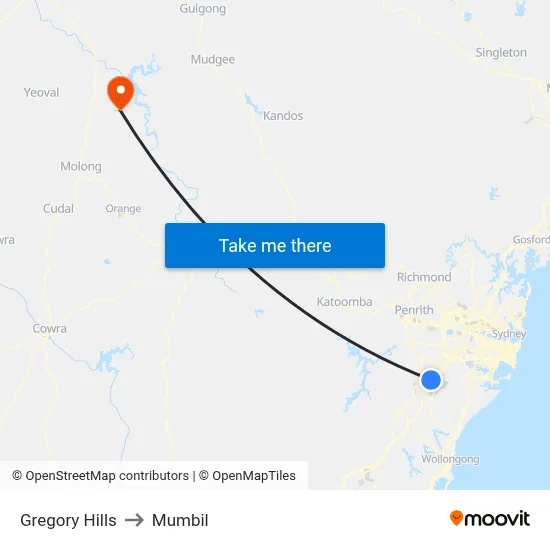 Gregory Hills to Mumbil map