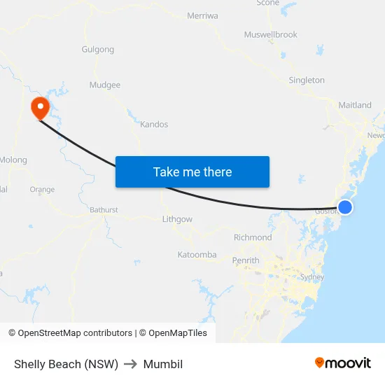 Shelly Beach (NSW) to Mumbil map