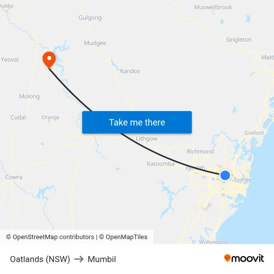 Oatlands (NSW) to Mumbil map