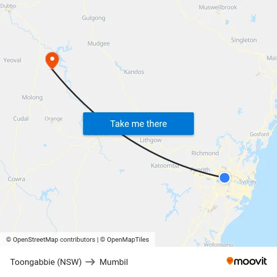 Toongabbie (NSW) to Mumbil map