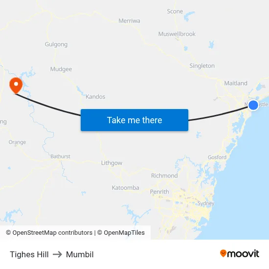 Tighes Hill to Mumbil map