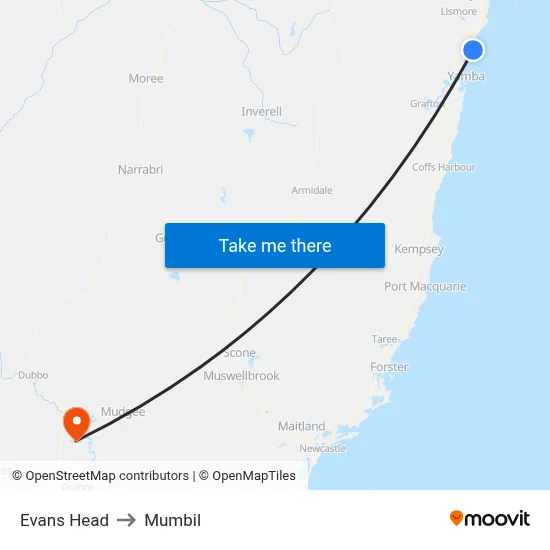 Evans Head to Mumbil map