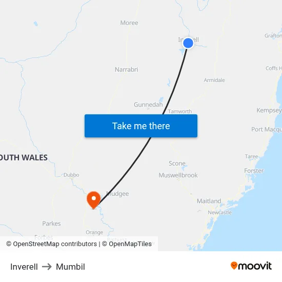 Inverell to Mumbil map