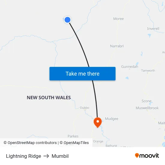 Lightning Ridge to Mumbil map