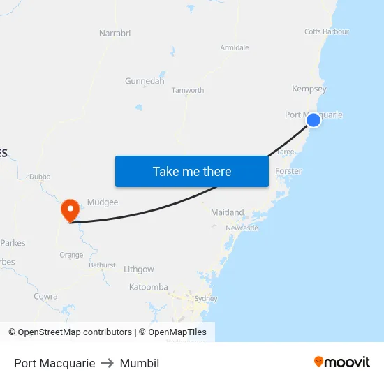Port Macquarie to Mumbil map