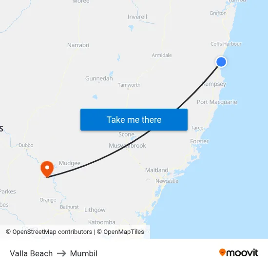 Valla Beach to Mumbil map