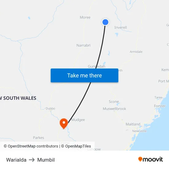 Warialda to Mumbil map