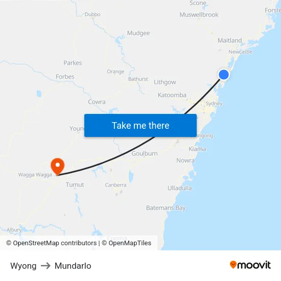 Wyong to Mundarlo map