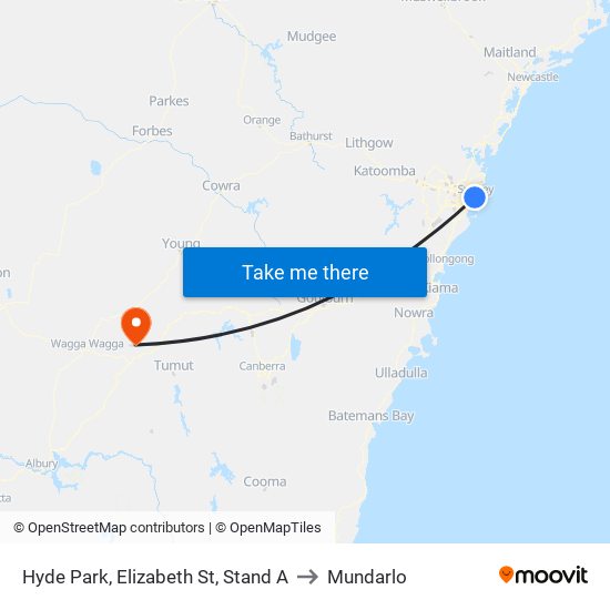 Hyde Park, Elizabeth St, Stand A to Mundarlo map