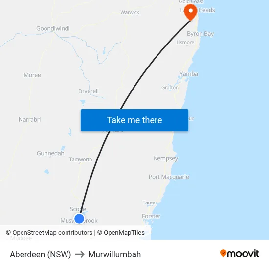Aberdeen (NSW) to Murwillumbah map