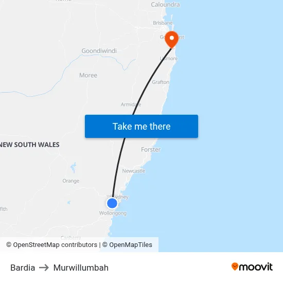 Bardia to Murwillumbah map