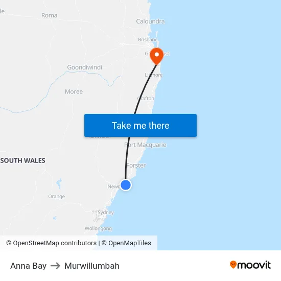 Anna Bay to Murwillumbah map