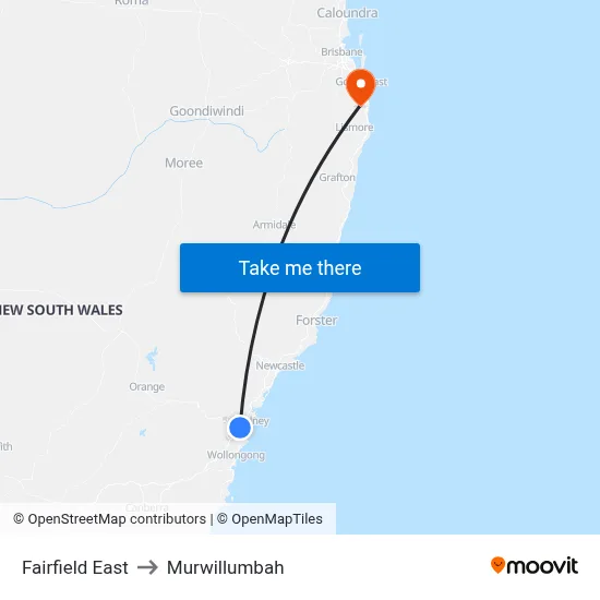 Fairfield East to Murwillumbah map