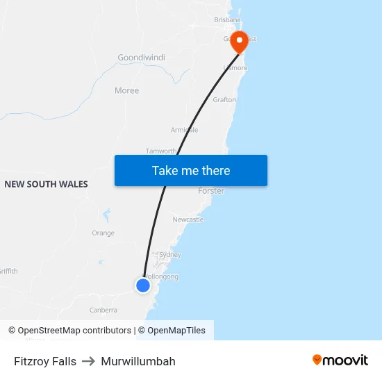 Fitzroy Falls to Murwillumbah map