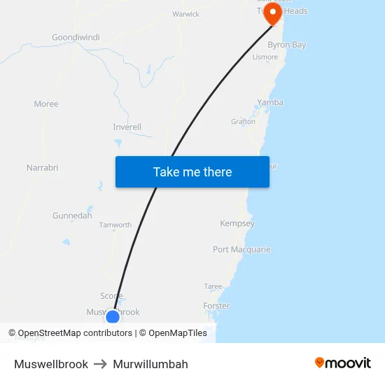 Muswellbrook to Murwillumbah map