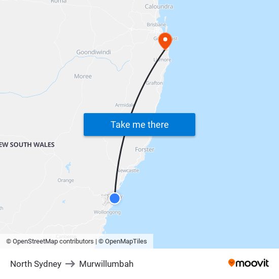 North Sydney to Murwillumbah map