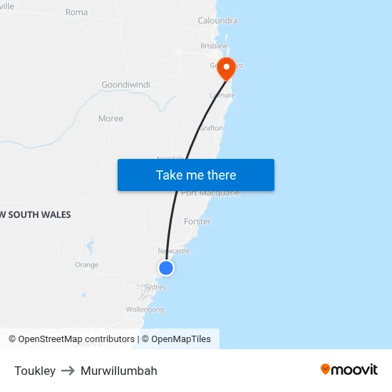 Toukley to Murwillumbah map