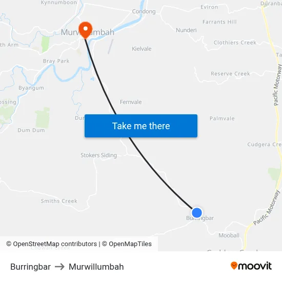 Burringbar to Murwillumbah map