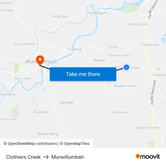 Clothiers Creek to Murwillumbah map