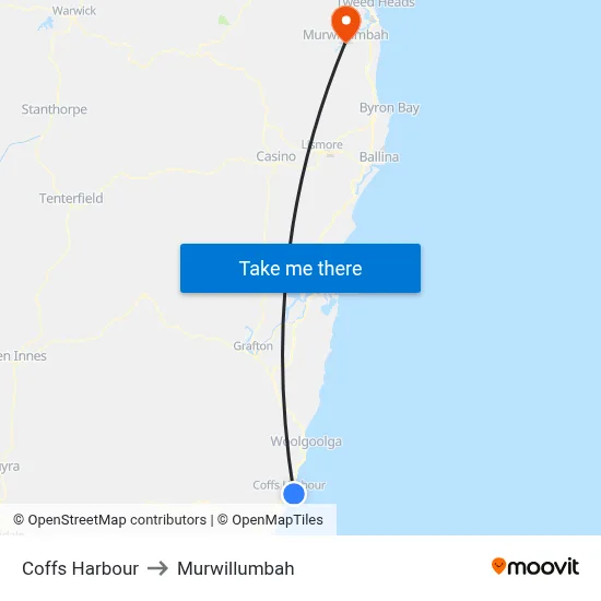Coffs Harbour to Murwillumbah map