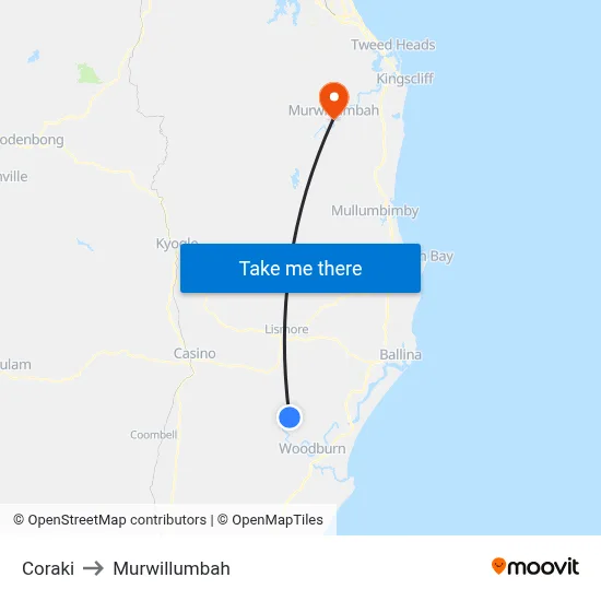 Coraki to Murwillumbah map