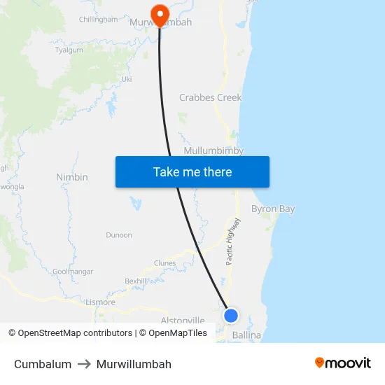 Cumbalum to Murwillumbah map