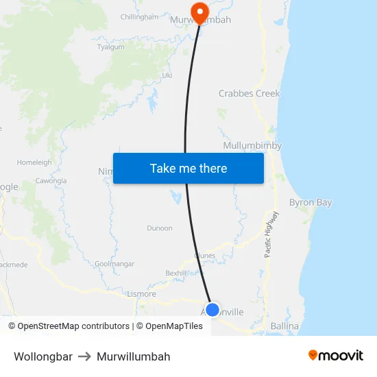Wollongbar to Murwillumbah map
