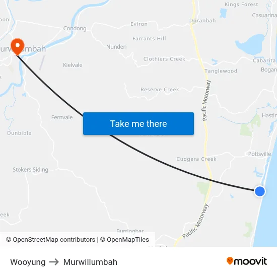 Wooyung to Murwillumbah map