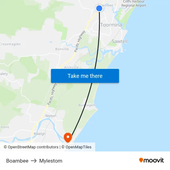 Boambee to Mylestom map