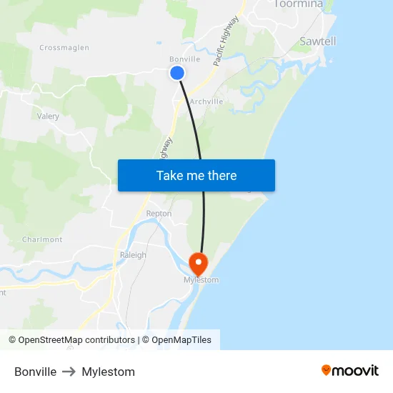 Bonville to Mylestom map