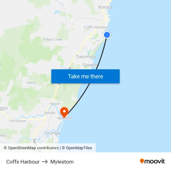 Coffs Harbour to Mylestom map