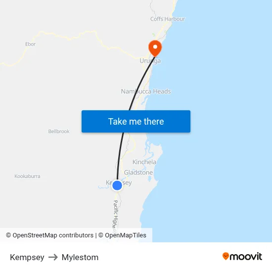 Kempsey to Mylestom map