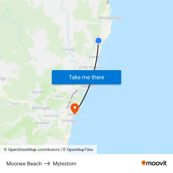 Moonee Beach to Mylestom map