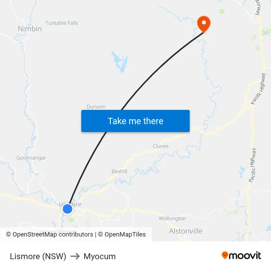 Lismore (NSW) to Myocum map