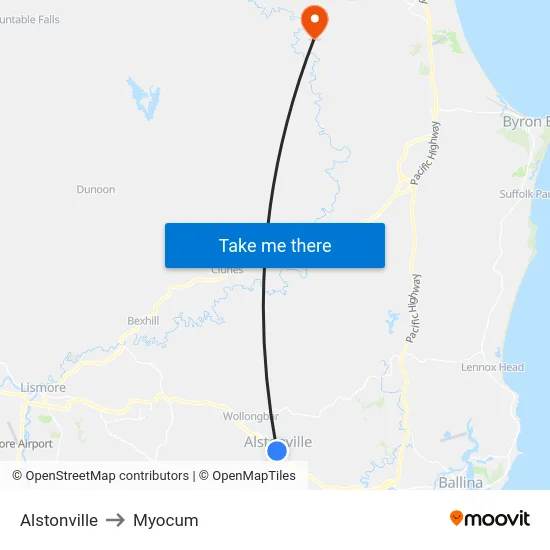 Alstonville to Myocum map