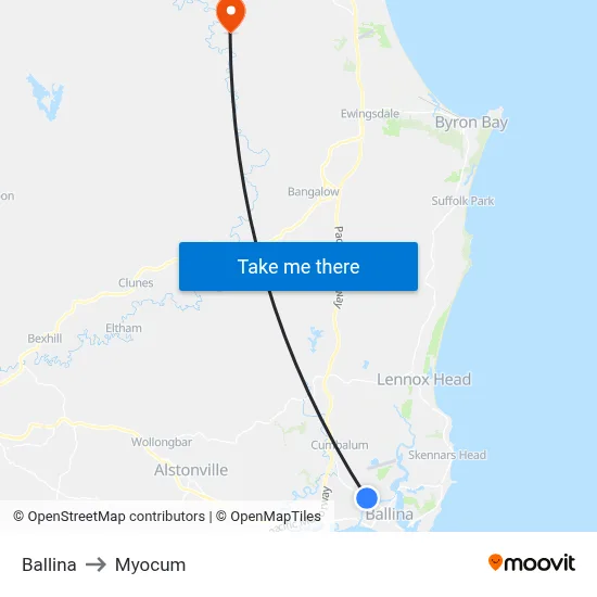 Ballina to Myocum map