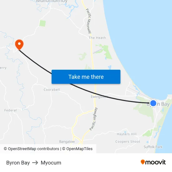 Byron Bay to Myocum map
