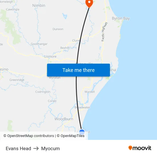 Evans Head to Myocum map