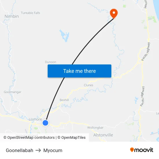 Goonellabah to Myocum map