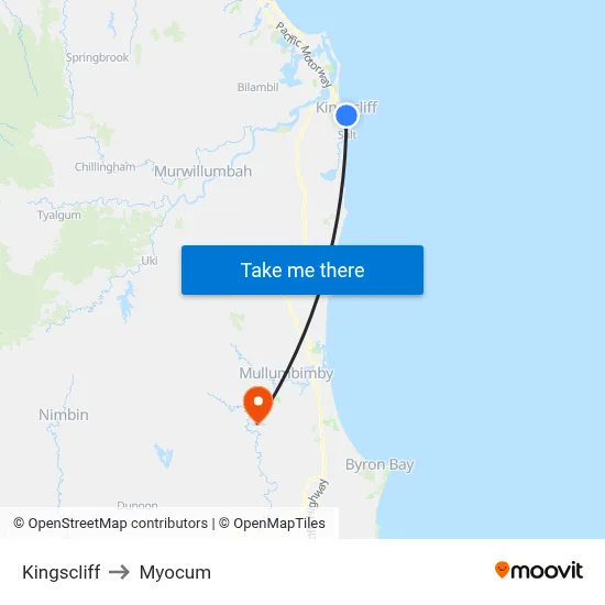 Kingscliff to Myocum map