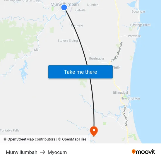Murwillumbah to Myocum map
