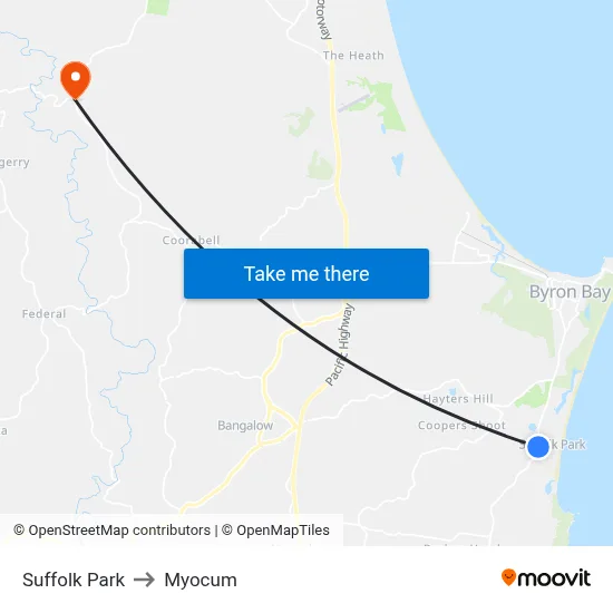 Suffolk Park to Myocum map