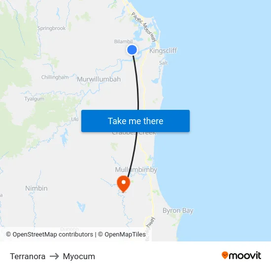 Terranora to Myocum map