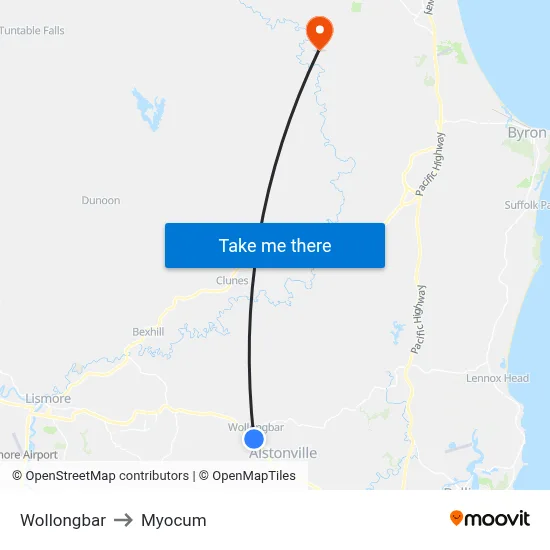 Wollongbar to Myocum map