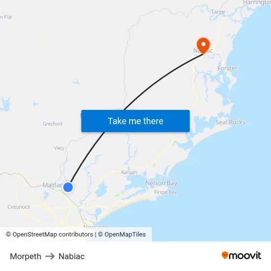 Morpeth to Nabiac map